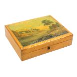 A Spa work games box, circa 1830, the lid painted with a river landscape with church and figures
