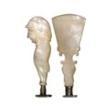 Two Palais Royal mother of pearl seals one carved as a man wearing a hat, possibly a jockey, 7cm,