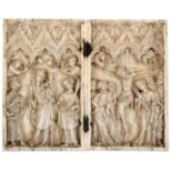 A carved ivory diptych in the 14th century Gothic style, 19th century or earlier, of two hinged