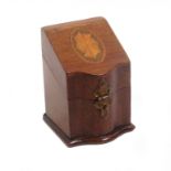 An Edwardian mahogany and inlaid needle packet box in the form of a miniature knife box, the sloping