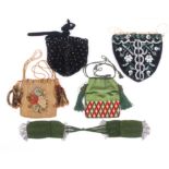 Bags and accoutrements comprising a black velvet drawstring bag decorated in floral beadwork,