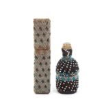 Two geometric coloured beadwork covered needle cases comprising a rectangular example, 8.7cm and a