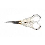 A pair of Palais Royal scissors, steel tapering blades to gilt floral mounts the mother of pearl