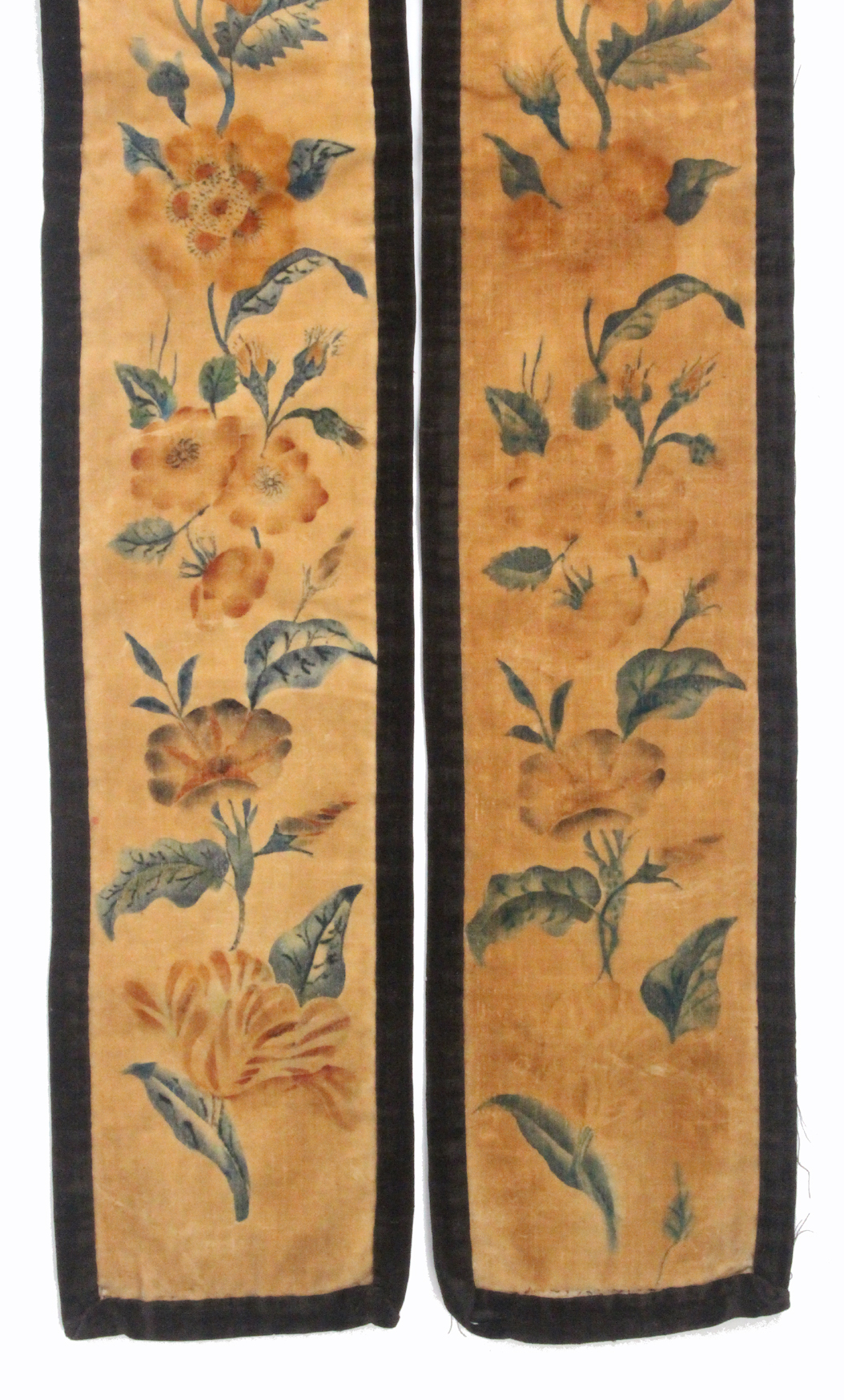 A pair of early 19th Century floral painted orange velvet bell pulls with brown velvet borders, - Image 2 of 2