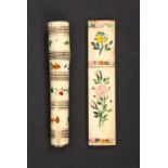 Two bone needle cases comprising a rectangular example, one side polychrome painted with flowers and