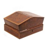 A Georgian burr yew wood and banded sewing box of basket form, with two sloping hinged lids, each to
