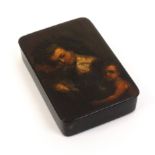 A Stobwasser rectangular papier mache snuff box, the lid painted with a scene titled to interior