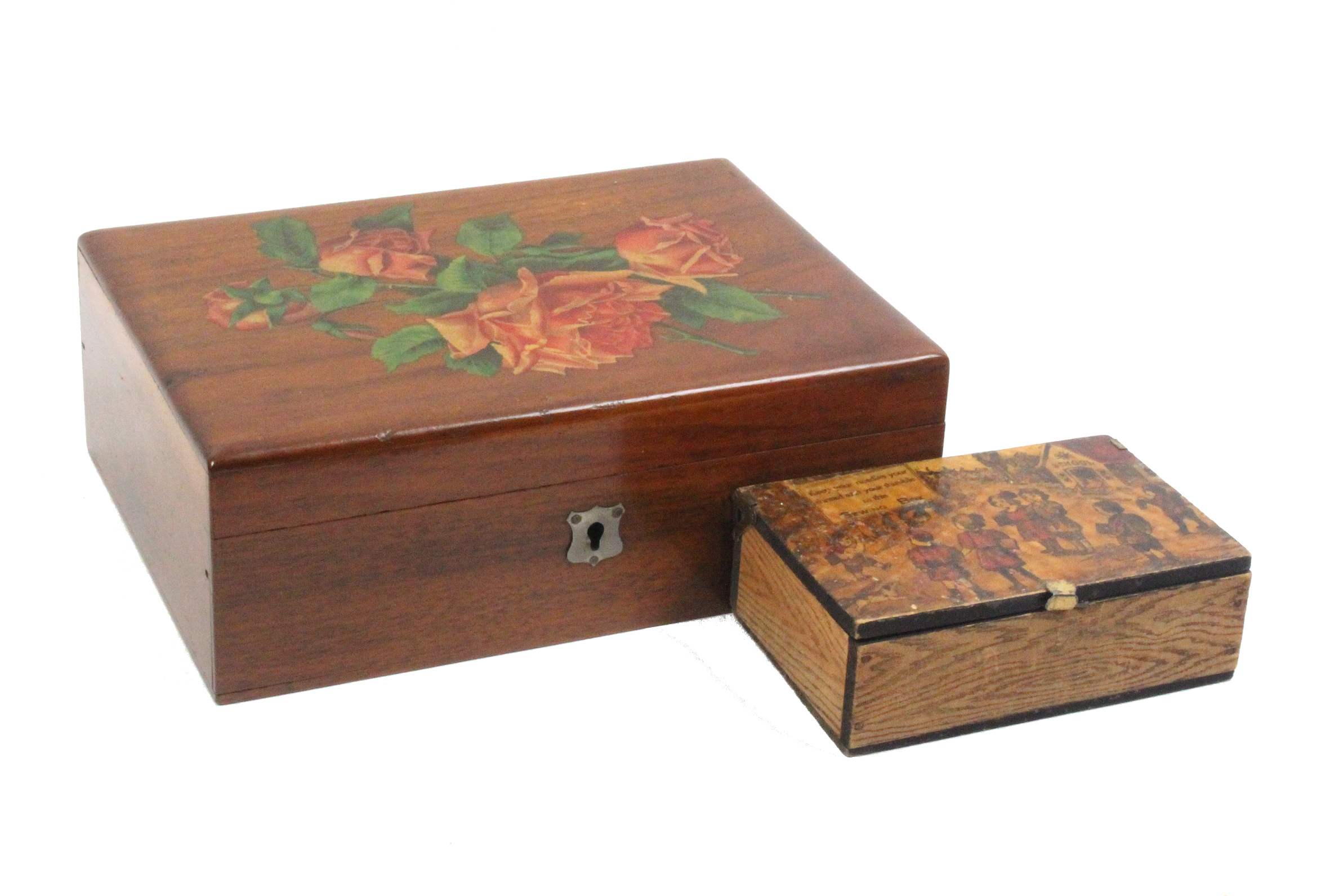 A Mauchline ware sewing box and another, the first with floral transfer lid, internal label for '