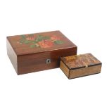 A Mauchline ware sewing box and another, the first with floral transfer lid, internal label for '