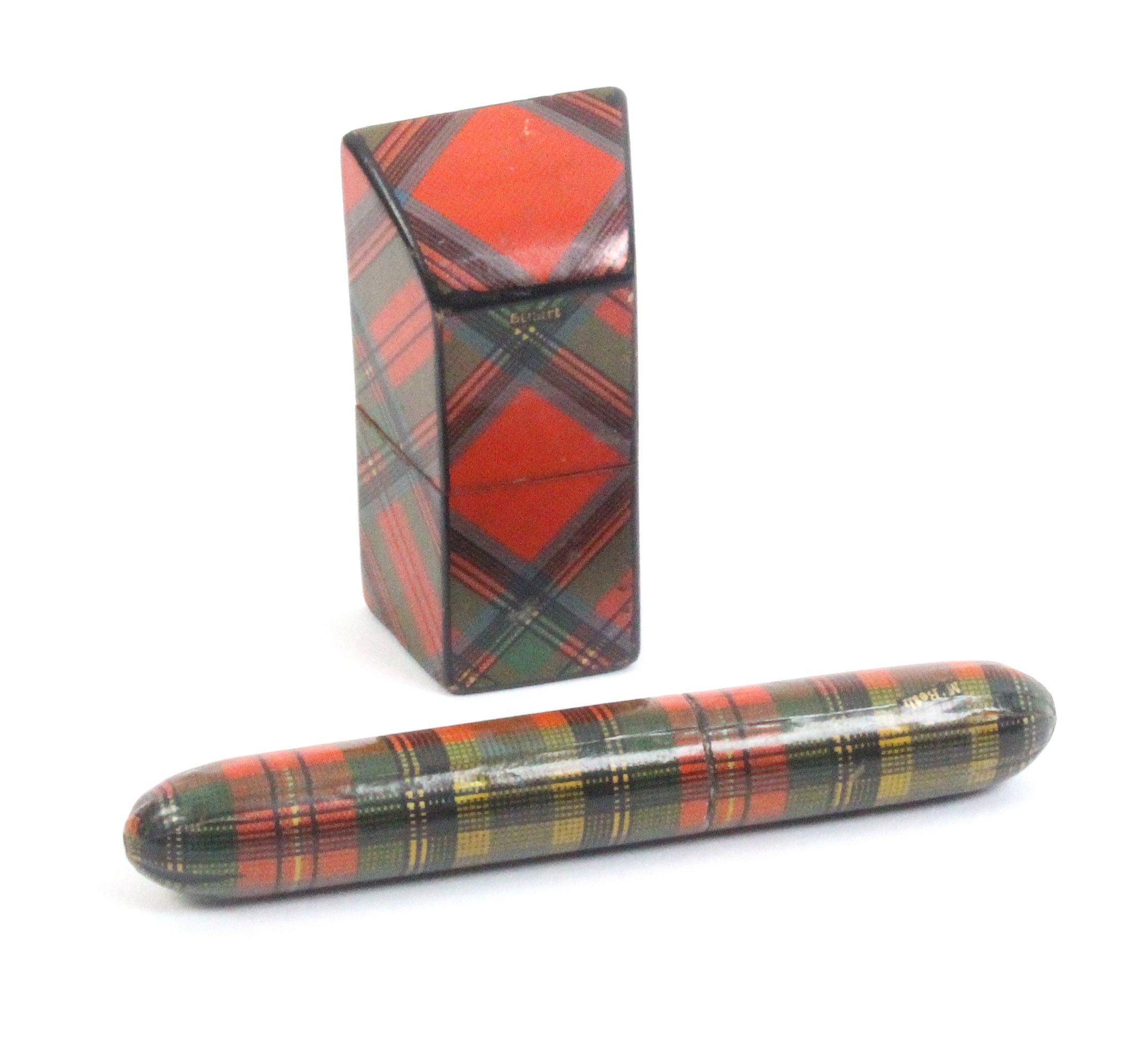 Tartan ware - sewing - two pieces comprising a slightly curved slant top needle packet box (Stuart),