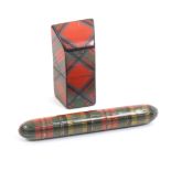 Tartan ware - sewing - two pieces comprising a slightly curved slant top needle packet box (Stuart),