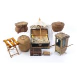 A miniature sedan chair and dolls accessories, the sedan chair covered in leather, 21cm high,