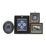 Seven feather decorated bird studies on mother of pearl contained in four frames comprising a