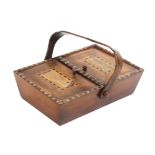 An arbrutus wood Victorian sewing pannier, Killarney with two pin hinged lids within chequer borders