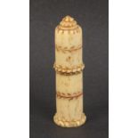 A bone standing bodkin case with rope carved bands on leaf engraved base, some loss to screw thread,