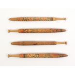 Four finely decorated inscribed and coloured Honiton lace bobbins comprising a neat spiral - When