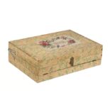 An unusual French rectangular sewing box for a child, in printed floral material the lid with a