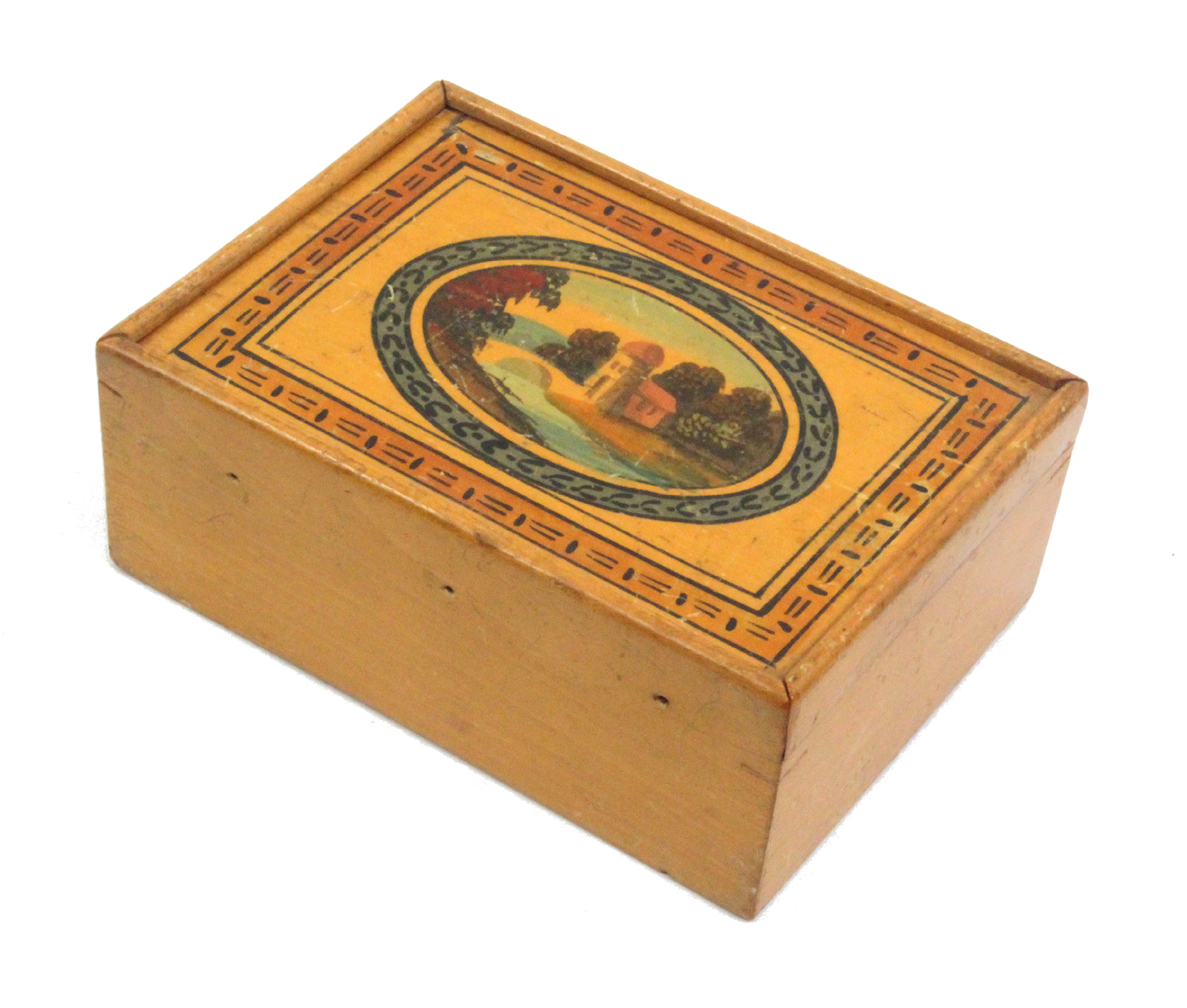 An early whitewood painted Tunbridge ware rectangular reel box the sliding lid painted in colours