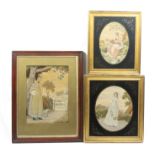 Three silk embroidered and facial painted figural pictures comprising a late 18th Century example of