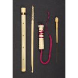 Four 19th Century ivory pieces comprising a gold and ivory bodkin case of cylinder form with