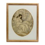 A late 18th Century print work oval needlework picture of Una and the lion in woodland with a