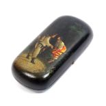 A Russian papier mache cheroot case of rounded end rectangular form painted with a scene of a