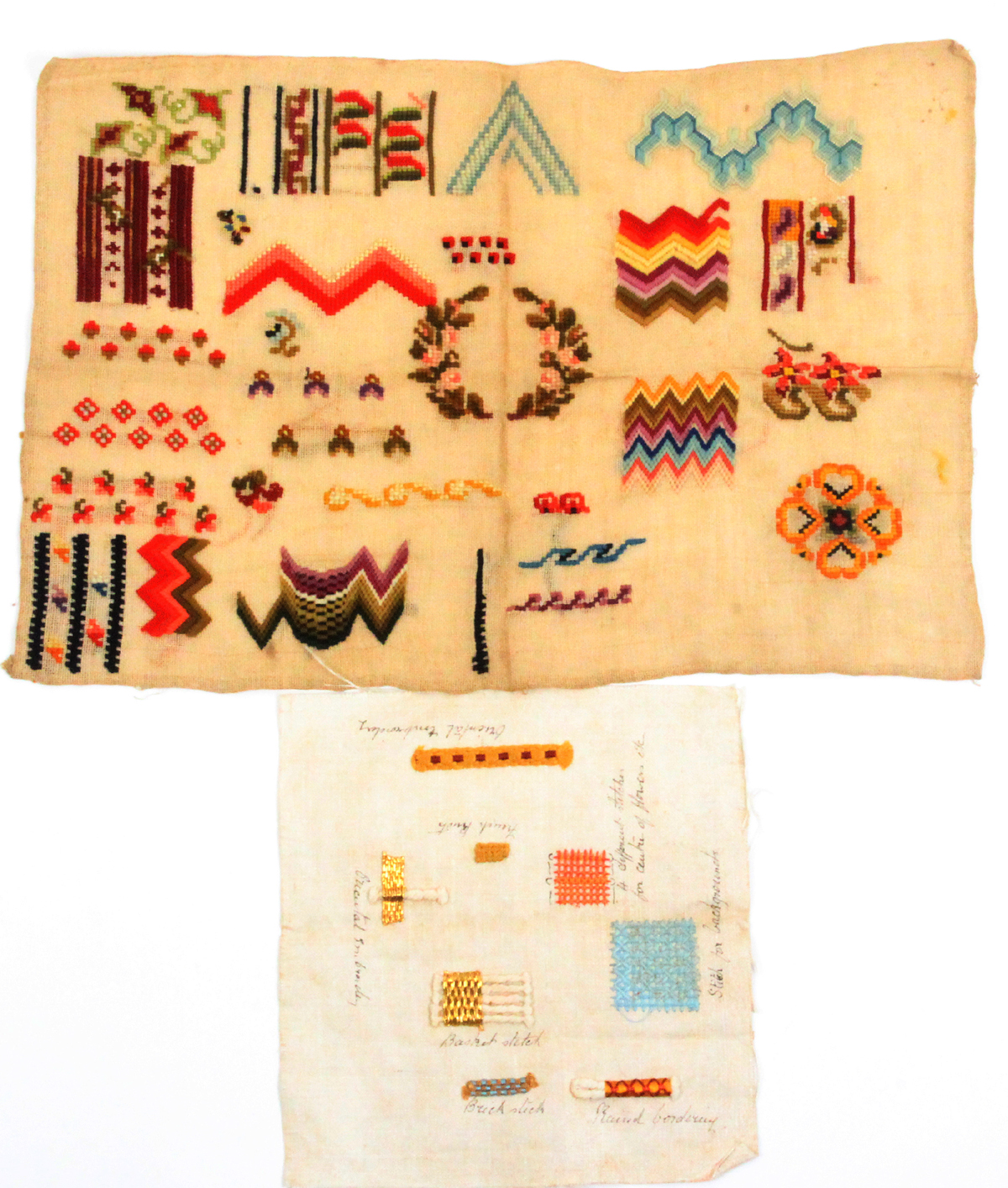 Two 19th Century sample panels comprising an ink annotated example of eight variant stitches and