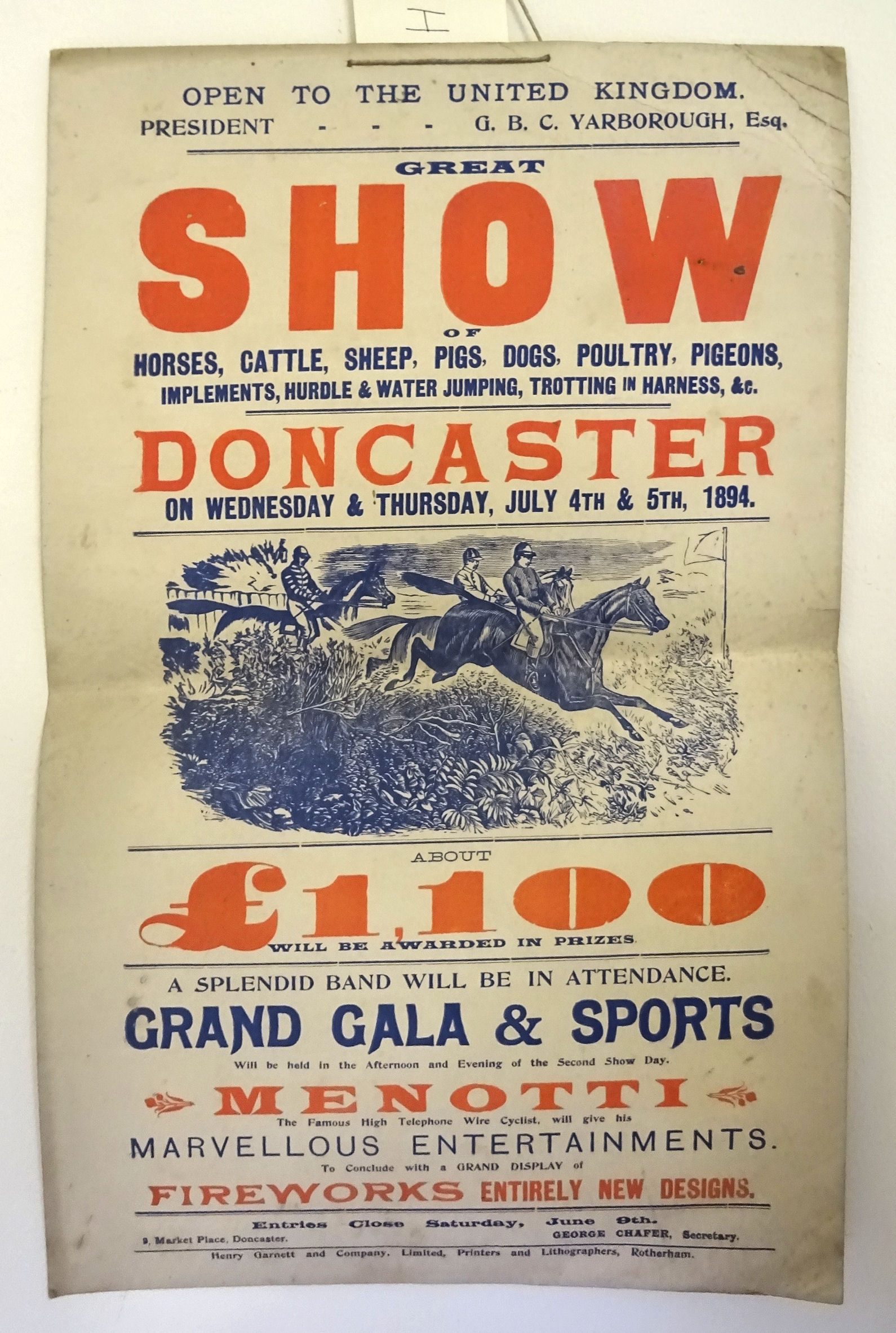 A poster for the Great Show at Doncaster, July 1894 printed in colours by Henry Garnett & Company.