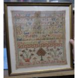 A 19th century Needlework Sampler by Hannah D Camplejohn, aged 9, with alphabet, numerals, verse,