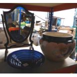 A shield shape swing Toilet Mirror in mahogany frame, a large pottery jardiniere, and a blue