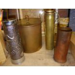 A large World War One brass Shell Case, a Trench Art shell case inscribed "1914 Souvenir" and two