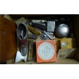 A box of miscellaneous items including six Penknives, button hook, ceramic eye bath, etc.