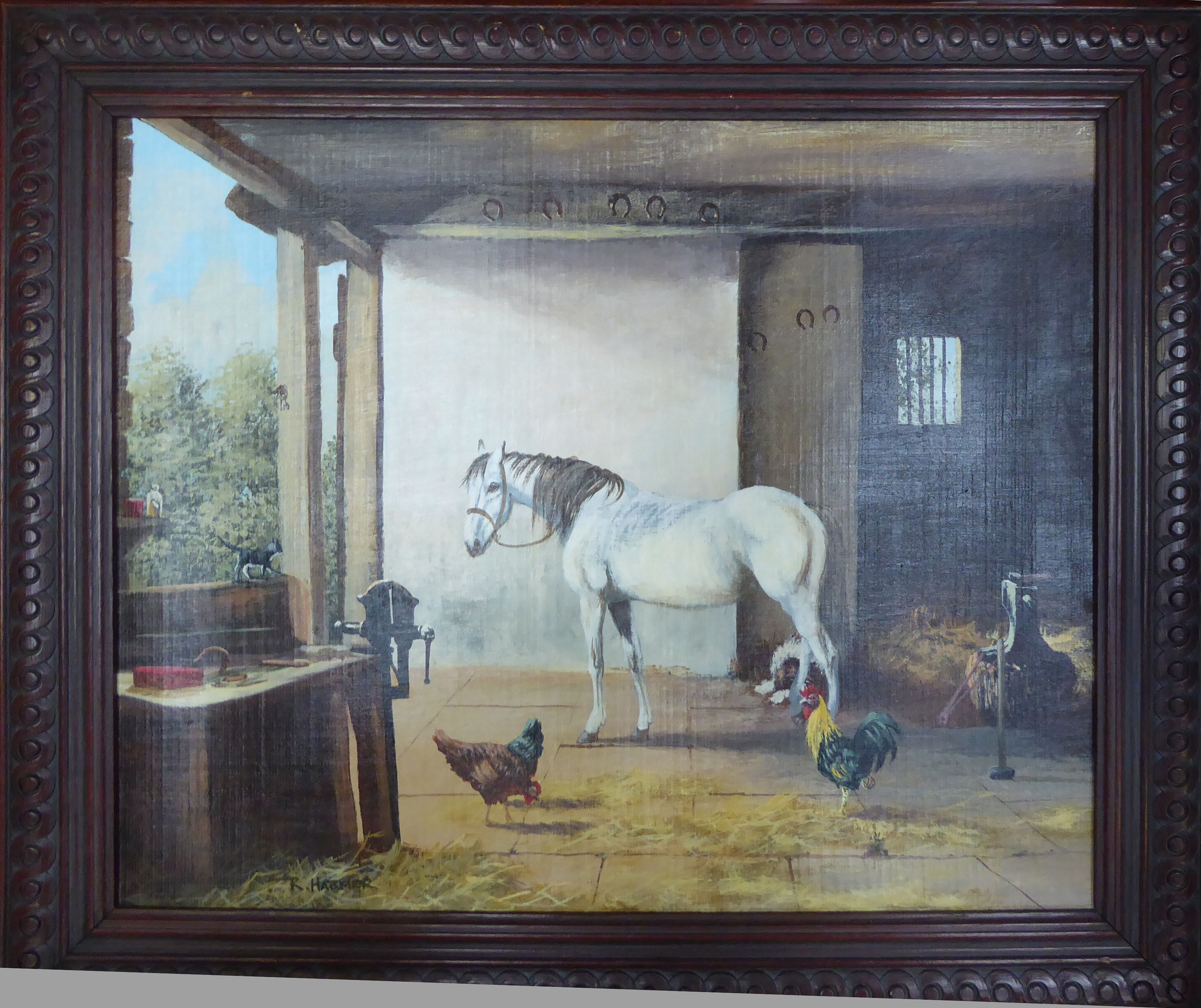 ROYCE HARMER; Stable Interior with horse, poultry, etc., Oil on Board, signed, 15 1/2" (40cms) x 19"