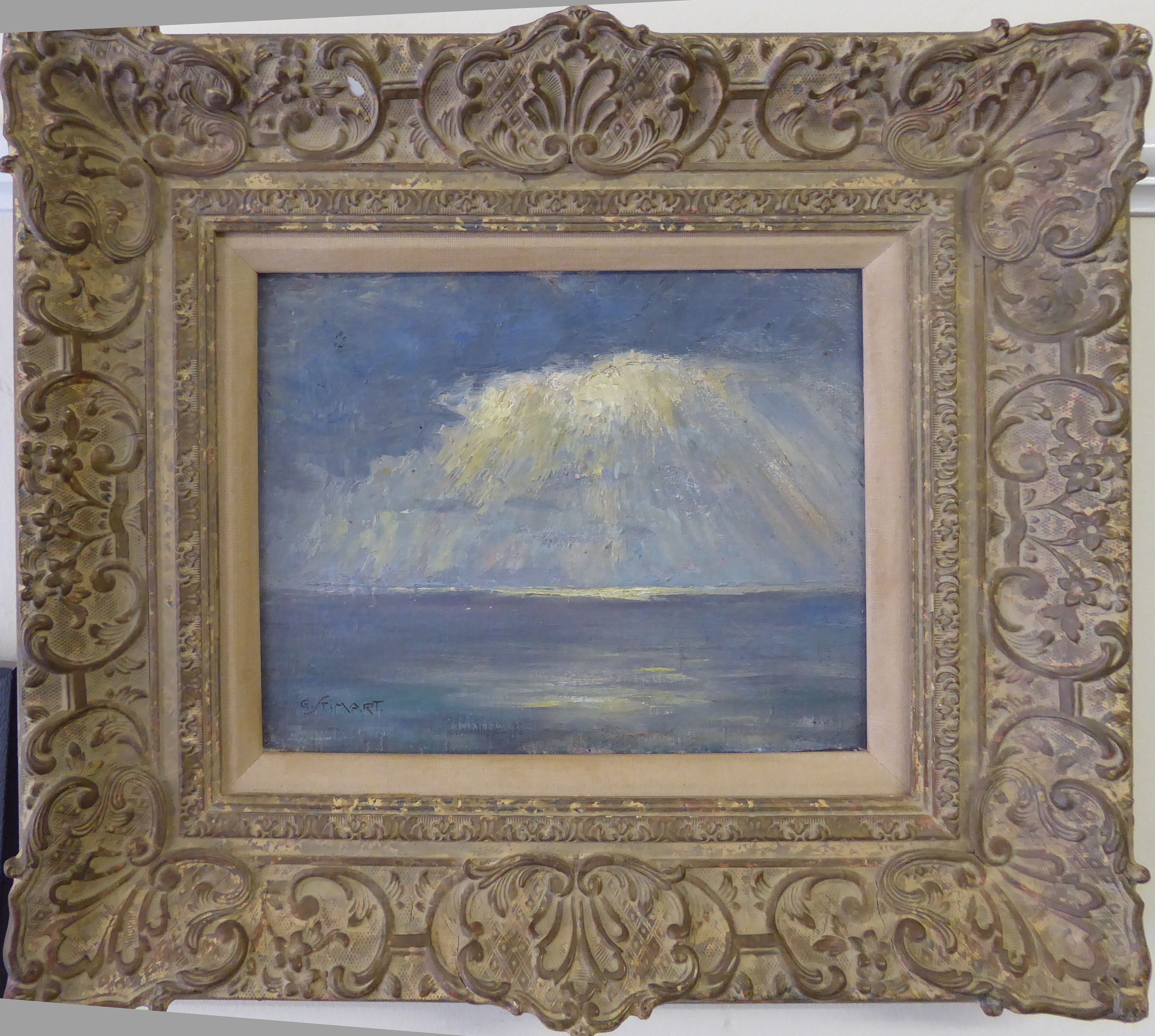 •GEORGE JOSEPH STIMART (Belgium 1886-1952); Sun breaking through the clouds, oil on panel. 9 1/2" (