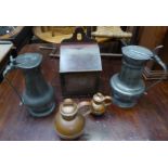 A French pewter Tappit Hen, another, two Guernsey jugs and a salt box.