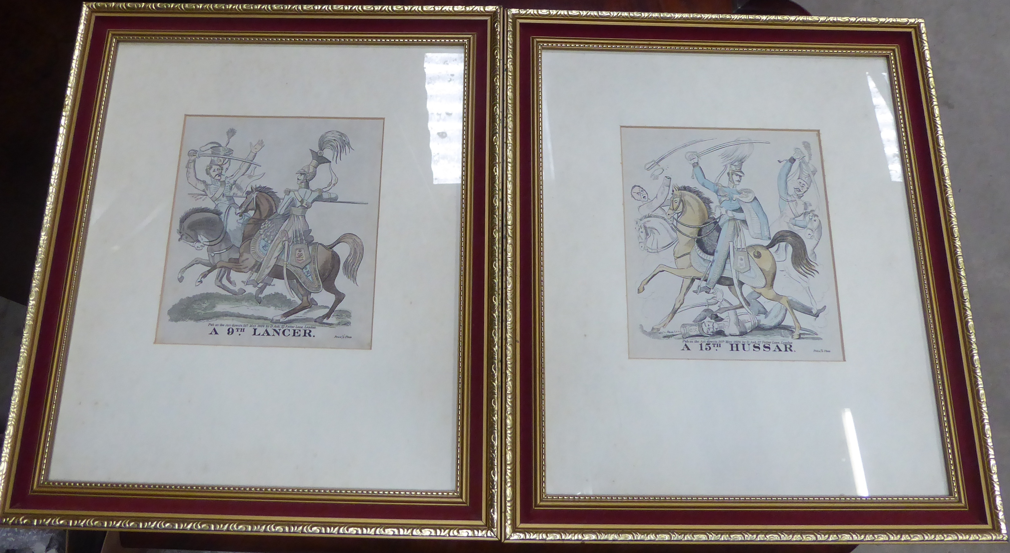 A set of four 19th century coloured Engravings of cavalry uniforms published by D Ash, Fetter