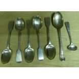 Five Victorian silver fiddle pattern Teaspoons, another, and a Mustard Spoon, 5.1 oz.