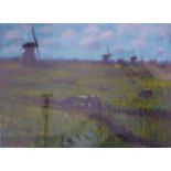 JOHN MACKIE (b. 1955); A Dutch landscape with windmills, sheep, etc., pastel, signed. 22" (56cms)