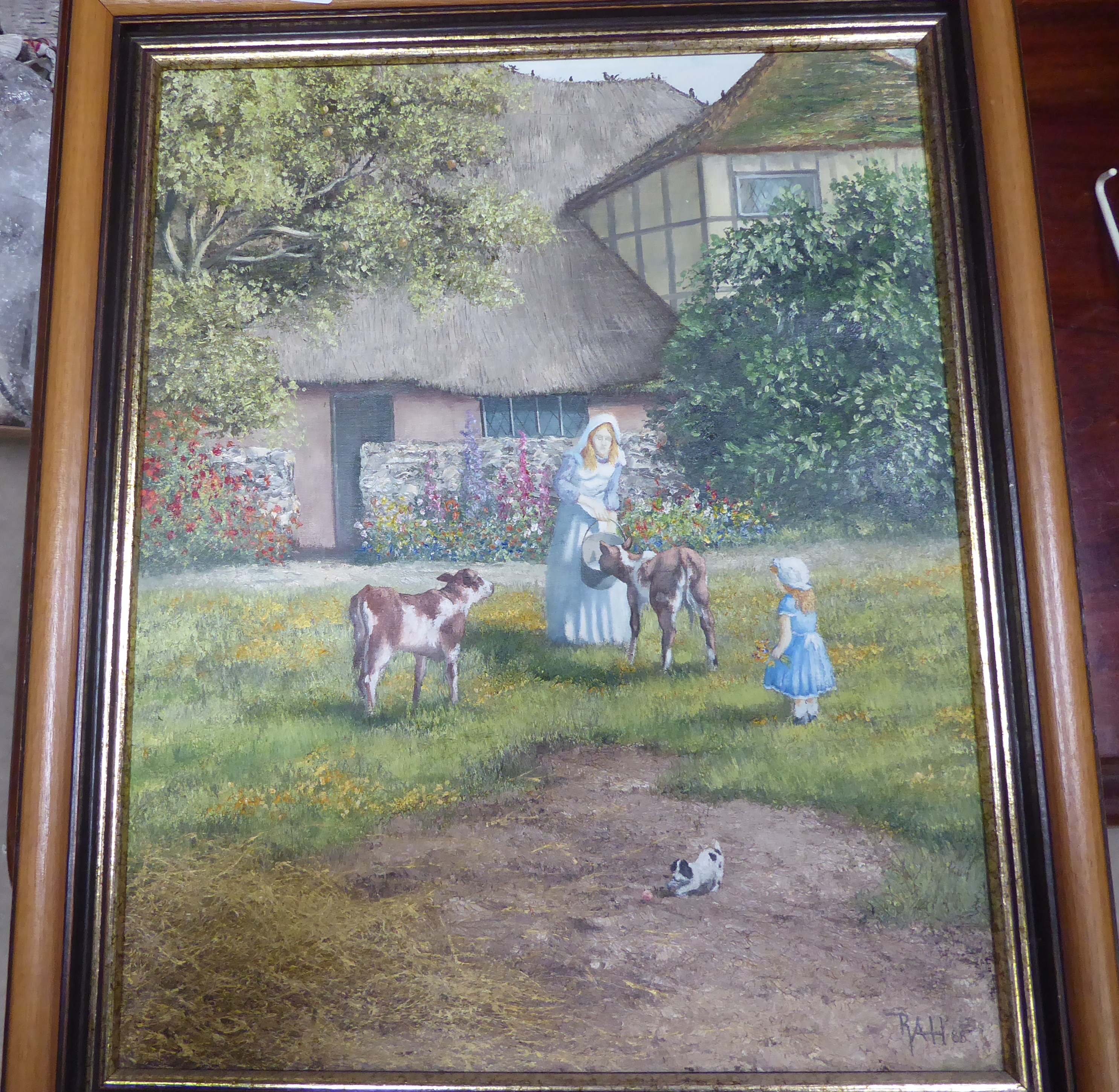 ROYCE HARMER; Children Feeding Calves in front of a thatched cottage, Oil on Board, signed with