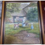 ROYCE HARMER; Children Feeding Calves in front of a thatched cottage, Oil on Board, signed with