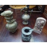 An Islamic Rosewater Ewer, Japanese brass vase, soapstone ornament and a Chinese jug with pewter