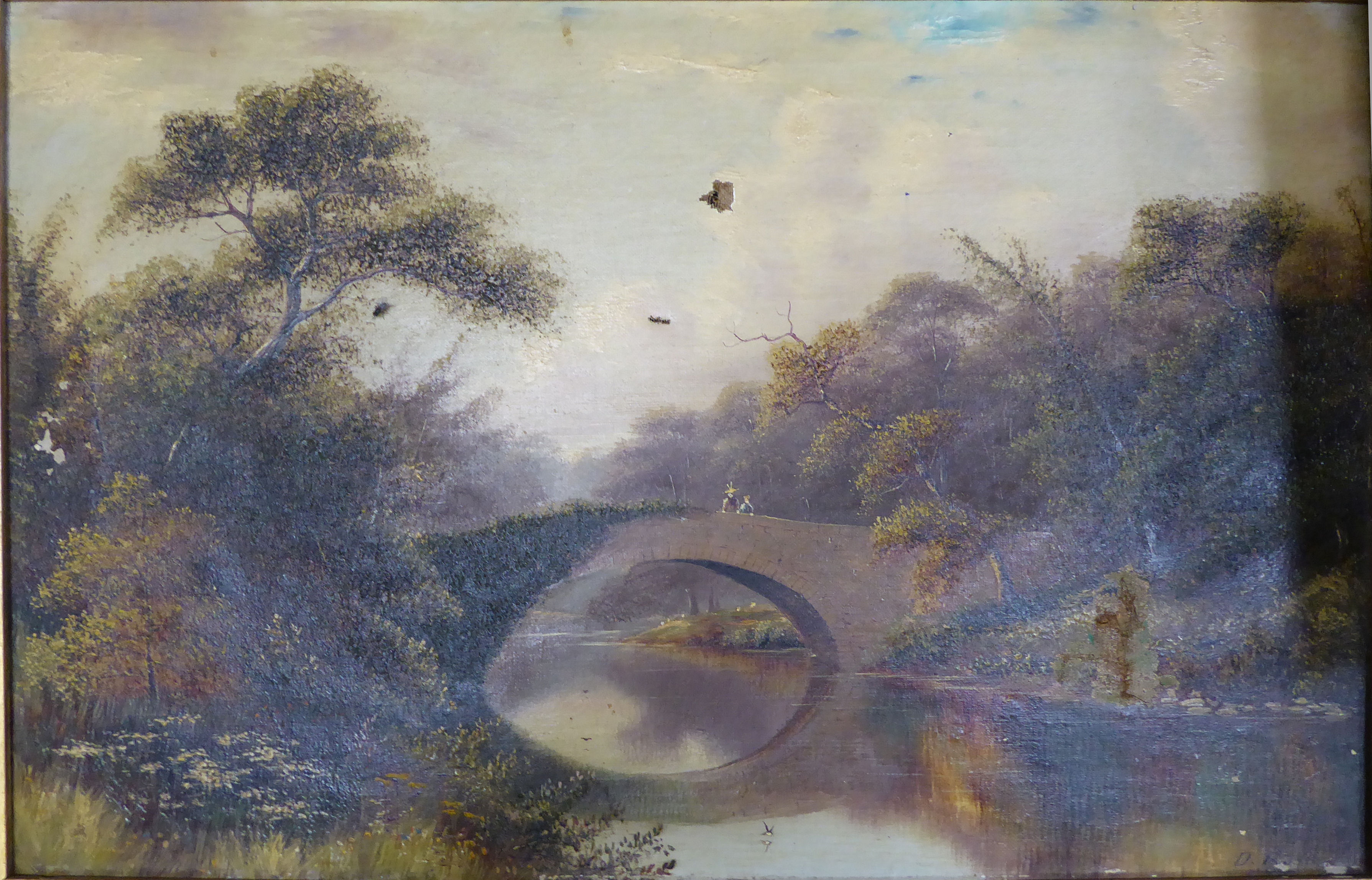 D ROSS; River Landscape with figures on a bridge, Oil on Canvas, signed, 15 1/2" (39cms) x 23" (