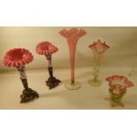A pair of Victorian glass lily shape Vases decorated in pink, blue, etc., and in metal stands; a