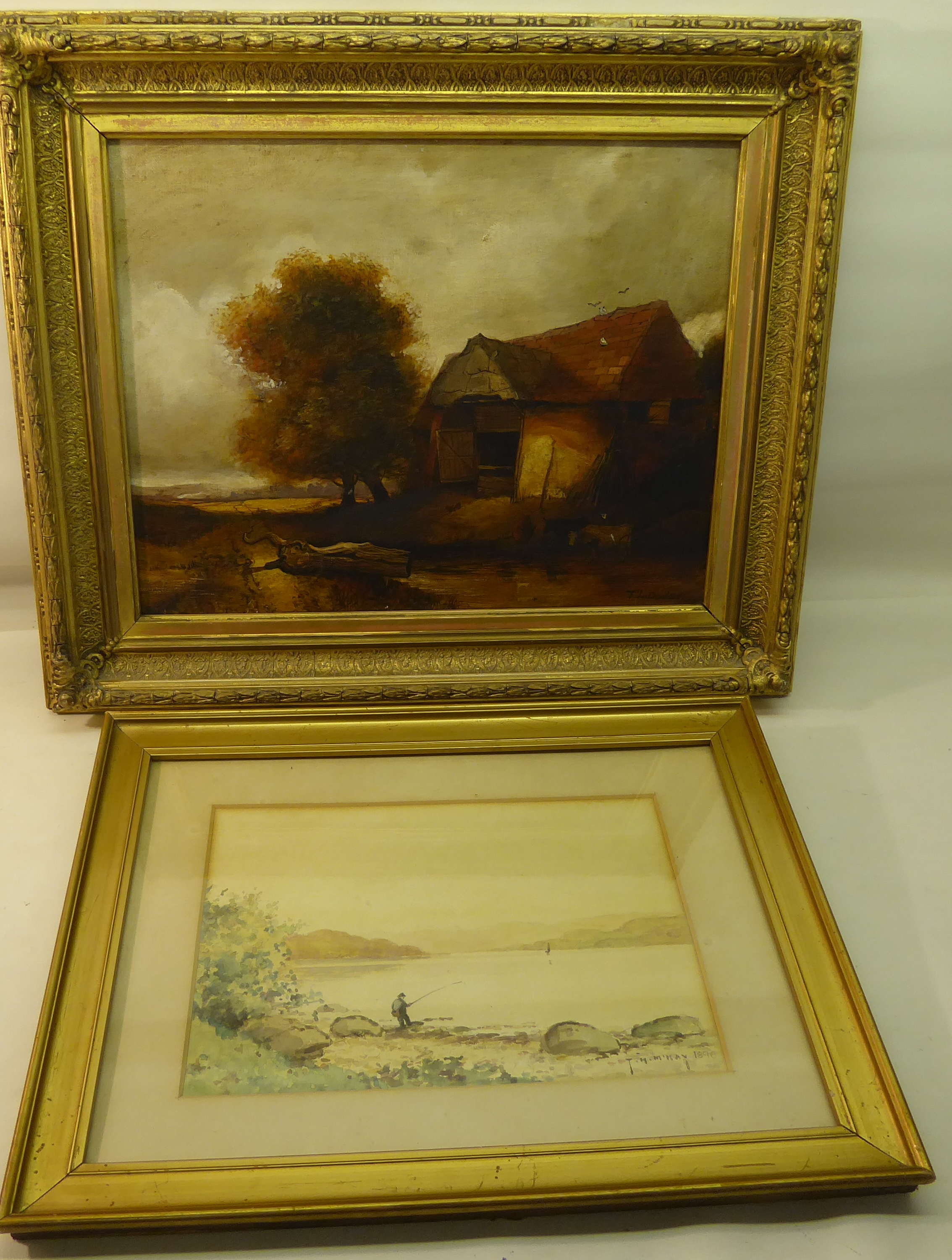 T L DODSON; Farm Buildings in a rural landscape, Oil on Canvas, signed, 10 1/2" (27cms) x 13 1/2" (