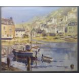RONALD MOORE; "Polperro", watercolour of a harbour scene with fishing boats, cottages, etc.,