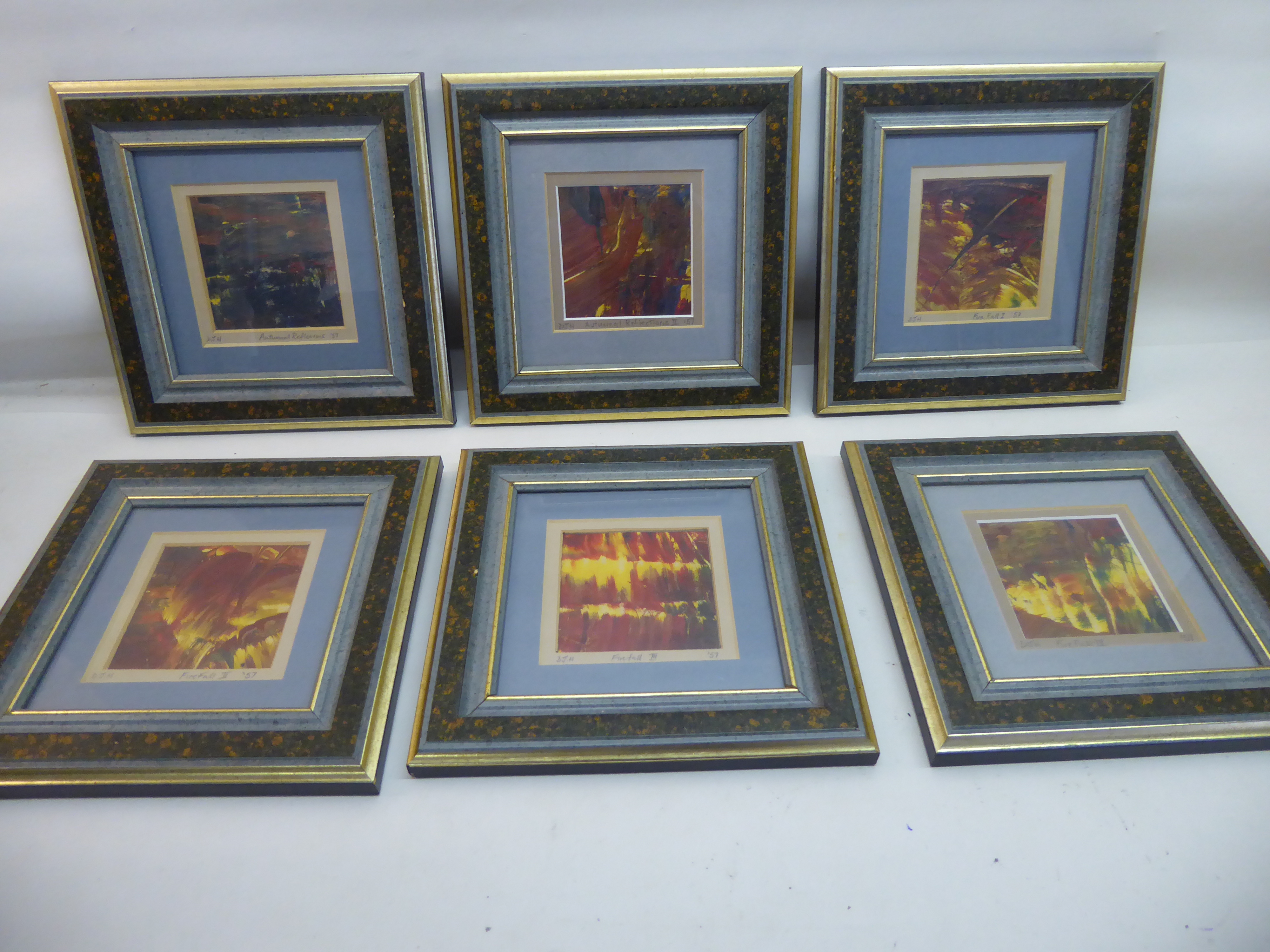 DJH; a series of four small Oil Paintings "Fire Fall" 1-4 - 57, and two others by the same artist "