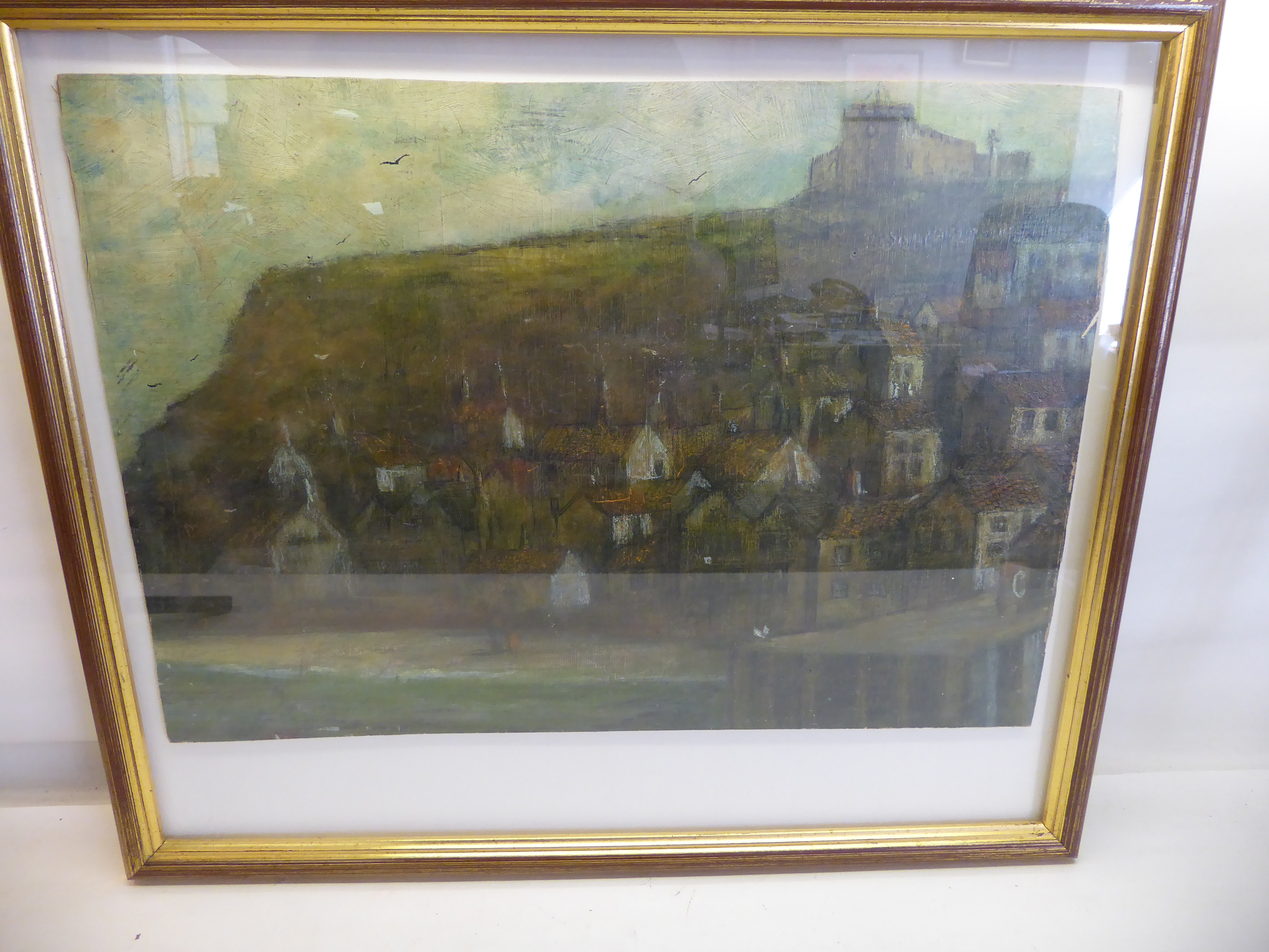 ALFRED BIRD; "The Old Fish Pier Whitby", with the abbey on the hilltop, oil on board, signed. 14" (