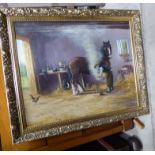 ROYCE HARMER; Blacksmith Shoeing a Horse in stable interior, Oil on Board, signed, 19" (48cms) x 23"