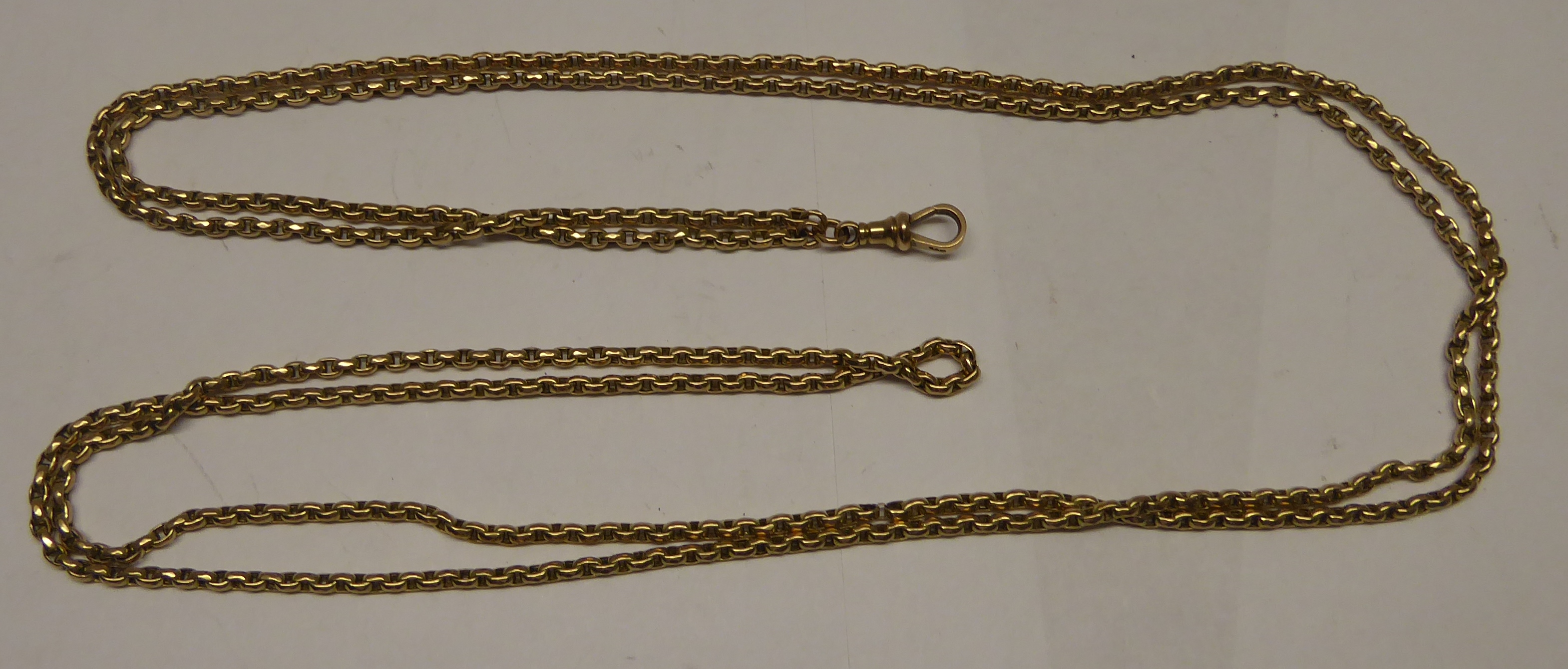 A 9ct gold belcher link Guard Chain, 62" (158cms) long, 39.2g.