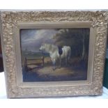 An unsigned 19th century Oil on Panel of a saddled horse with hunting scene in middle ground, 8" (